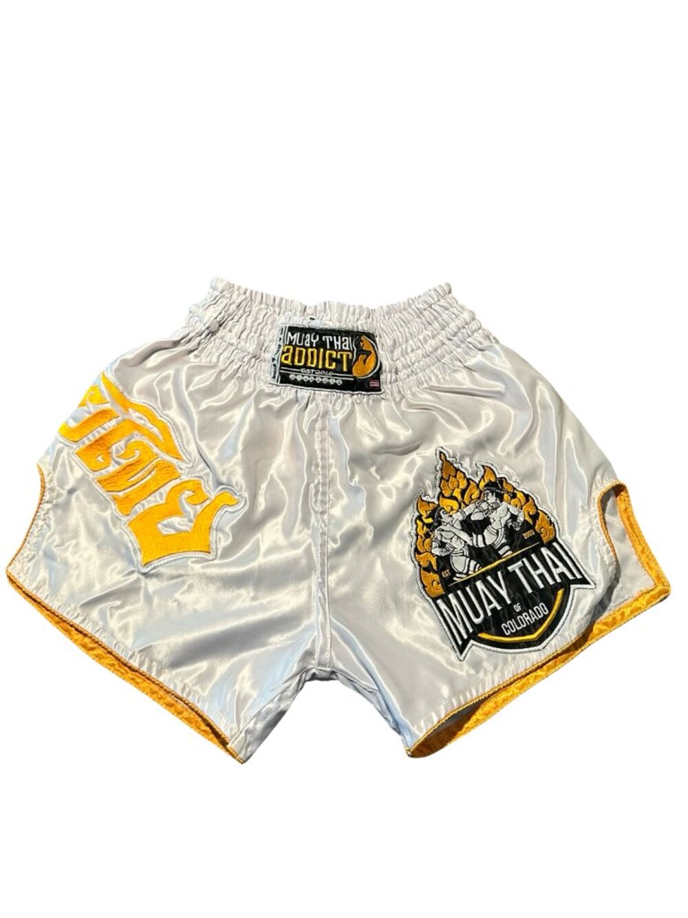 Muay Thai Addict Shorts Mens L White Kickboxing Training Satin Fight Boxing MMA